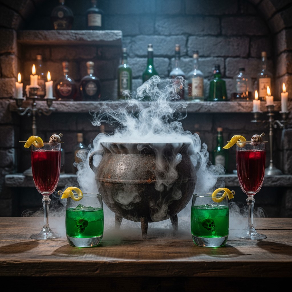 [halloween potion in front of cauldron].